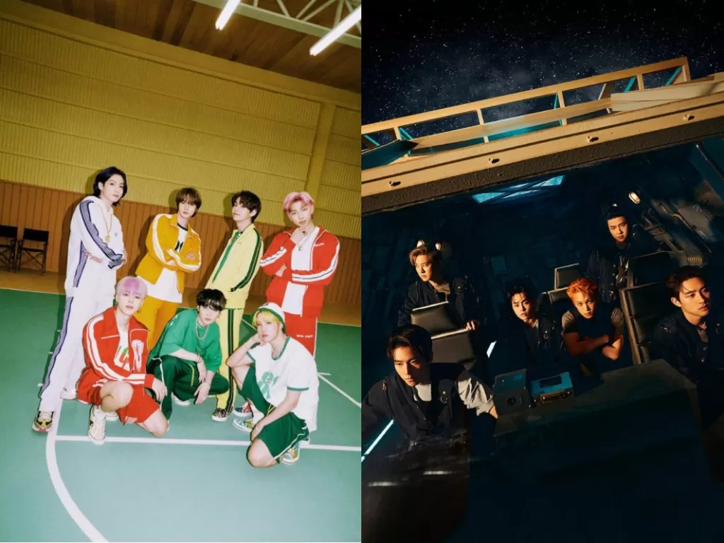 Kiri: BTS mewakili artis HYBE Labels (Instagram/@bts.bighitofficial), kanan: EXO mewakili SM Entertainment. (Instagram/@weareone.exo).