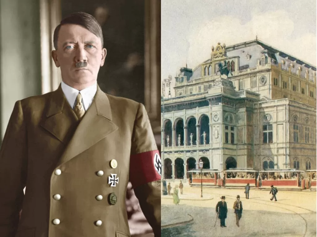 Adolf Hitler (kiri) dan salah satu lukisan yang pernah ia buat (kanan). (Wikipedia).