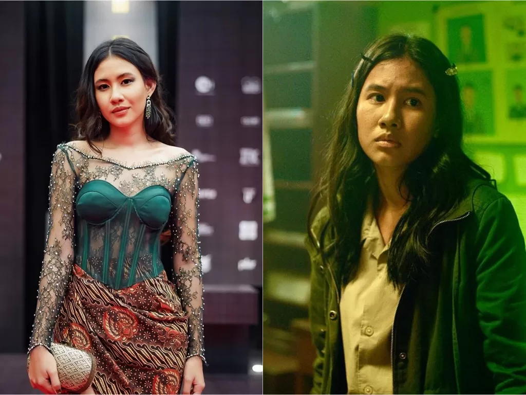 Kiri: Shenina Cinnamon di ajang Festival Film Indonesia 2021 (Instagram/shenacinamon) | Kanan: Peran Shenina Cinnamon dalam Penyalin Cahaya (Dok. Penyalin Cahaya)