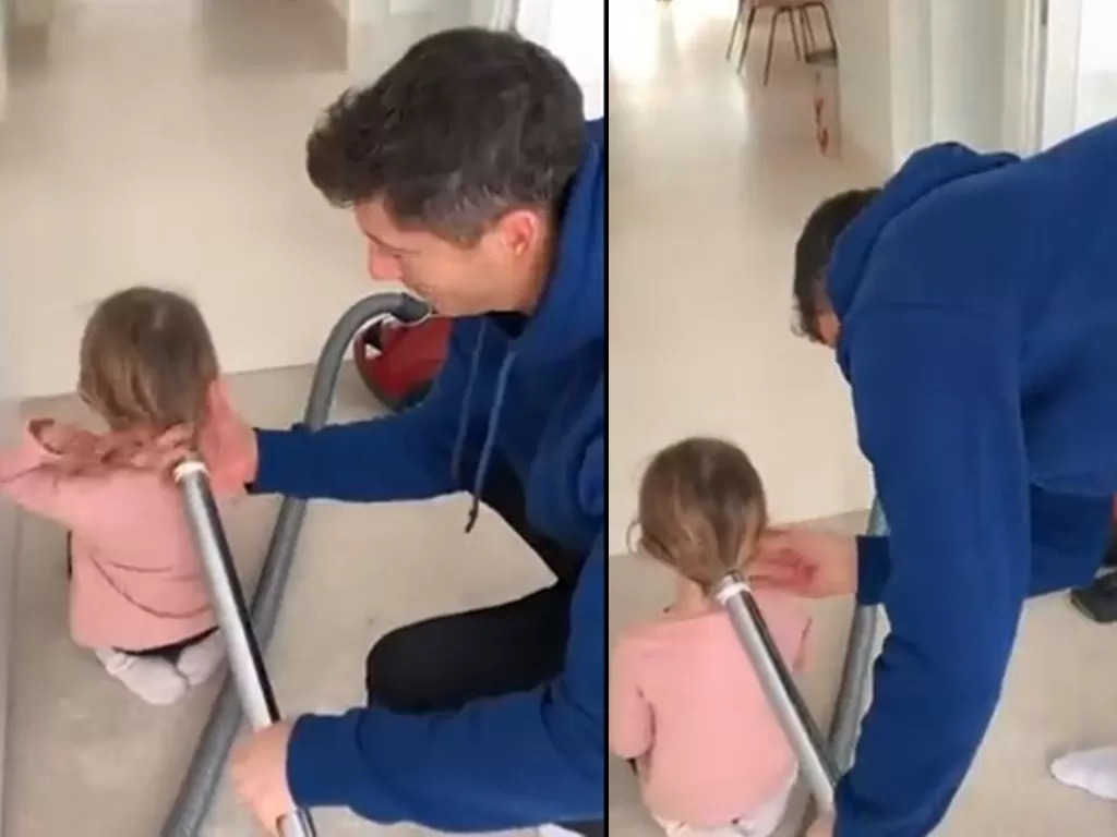 Robert Lewandowski saat menguncir rambut putrinya dengan vacuum cleaner. (Screenshoot/Twitter/@ESPNFC)