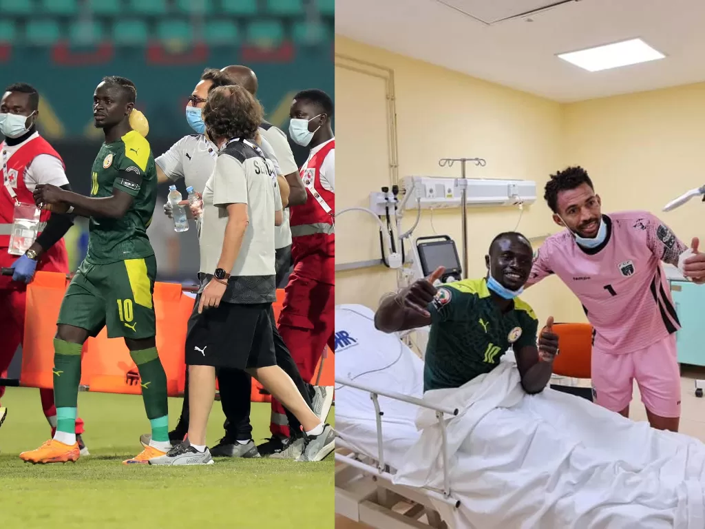 Sadio Mane di laga Piala Afrika (kiri), Sadio Mane di rumah sakit usai cedera kepala (kanan). (REUTERS/Thaier Al-Sudani/Twitter/CAF_Online)