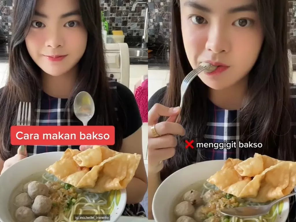 Cewek tunjukkan cara makan bakso yang benar. (TikTok/@micol_26)
