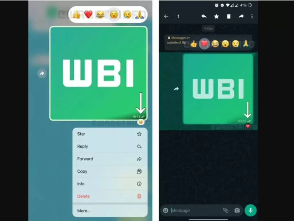 Tampilan WhatsApp dengan message reaction yang tengah disempurnakan di iPhone (kiri) dan Android (kanan). (ANTARA/HO/WABetaInfo)