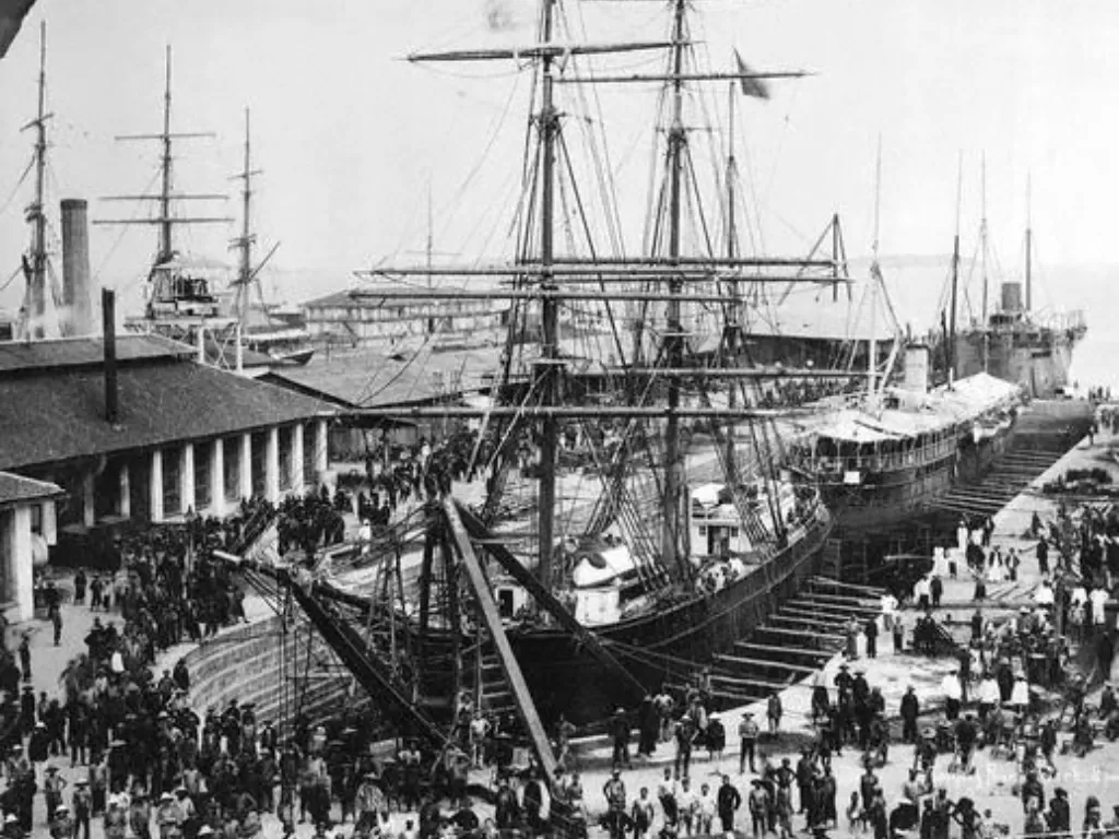 Ilustrasi Pelabuhan Victoria pada awal abad 19 di Singapura. (Wikipedia).