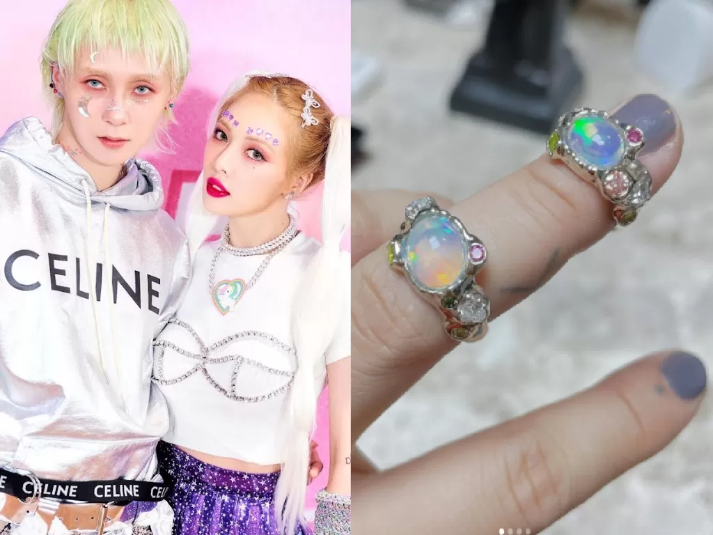 DAWN (kiri) dan HyunA (kanan) (Instagram/@hyunah_aa), cincin pertunangannya. (Instagram/@diligem).