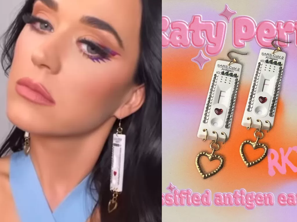 Katy Perry saat mengenakan anting dari alat antigen bekas (Instagram/rrakkata)