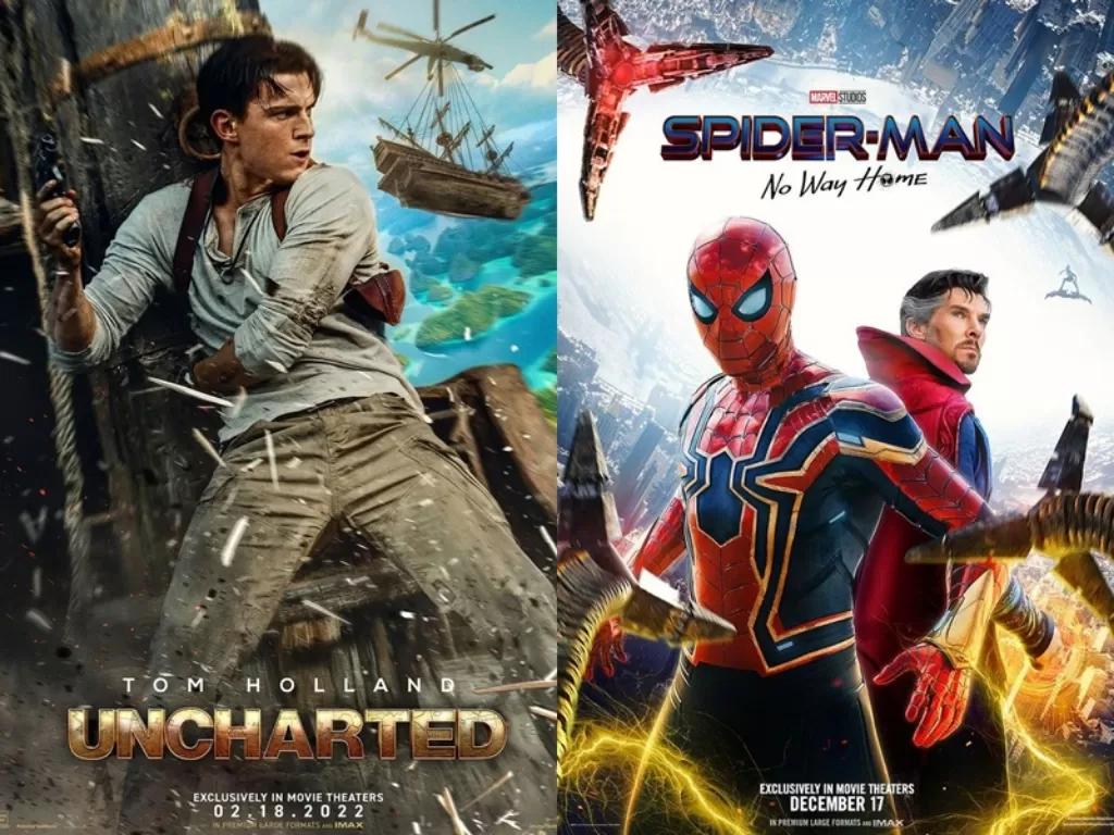 Kiri: Poster Uncharted. Kanan: Poster 'Spiderman: No Way Home'. (Instagram/@tomholland)