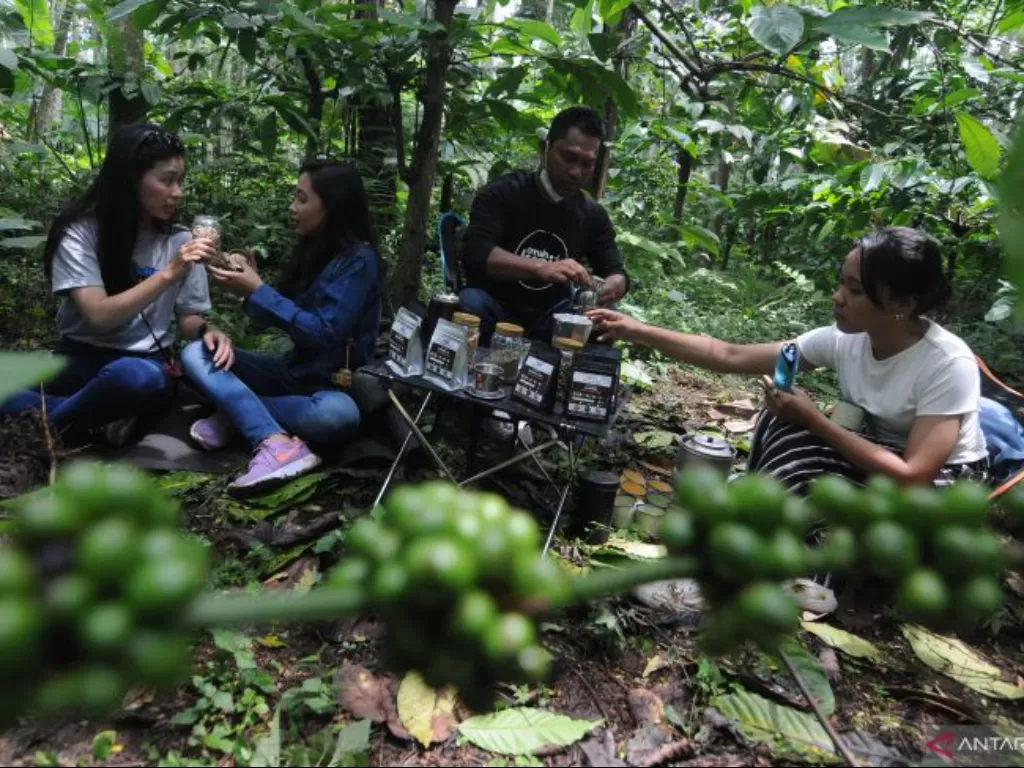 Barista meracik kopi untuk wisatawan di kebun kopi kaki Gunung Merbabu, Banyuanyar, Ampel, Boyolali, Jawa Tengah, Jumat (11/2/2022). (ANTARA/Aloysius Jarot Nugroho)