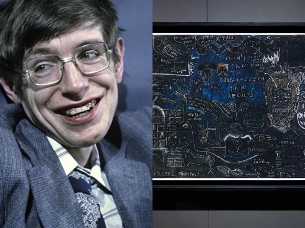Kiri: Stephen Hawking (Istimewa) | Kanan: Papan tulis berisi coret-coretan Stephen Hawking pada 1980 (Science Museum Group)