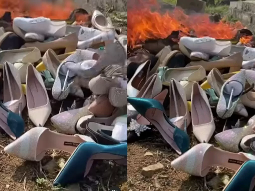Tangkapan layar video sepatu masih bagus dibakar. (Instagram @memomedsos)