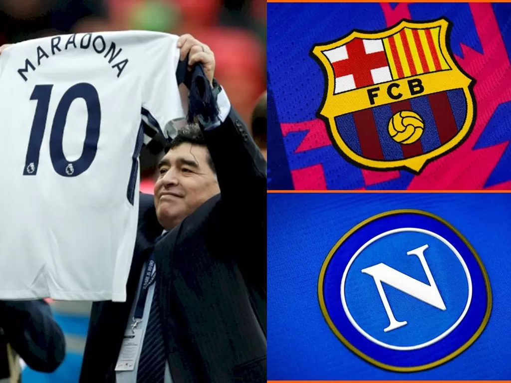 Diego Maradona semasa hidup (kiri), Barcelona vs Napoli (kanan). (REUTERS/REUTERS/Matthew Childs/Instagram/@europaleague)