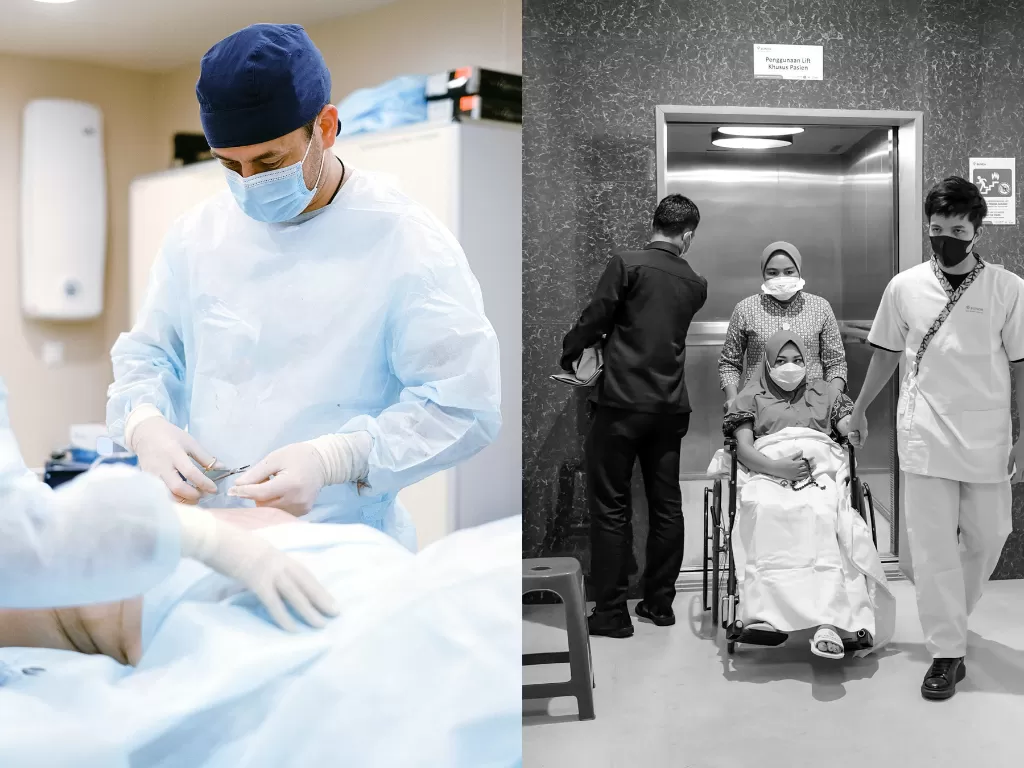 Kiri: Ilustrasi operasi caesar, kanan: Aurel Hermansyah dan suami menuju ruang operasi. (Pexels/Anna Shvets/Instagram/@attahalilintar) 