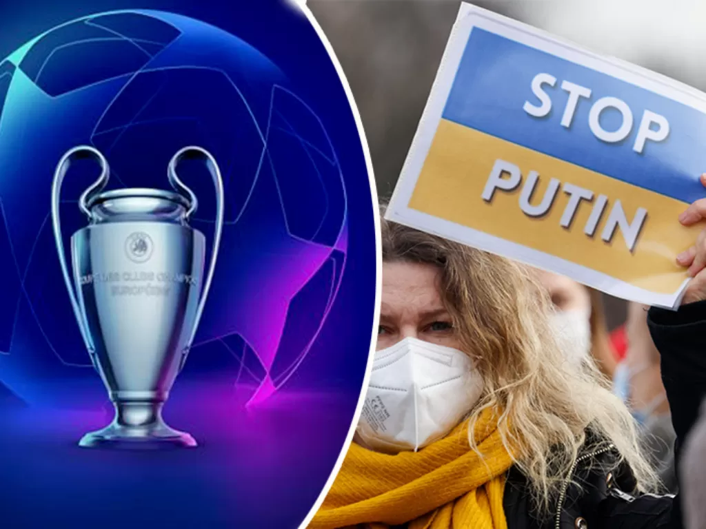 Kiri: Logo dan trofi Liga Champions. (UEFA) / Kanan: Demonstran memegang tanda protes Presiden Rusia Vladimir Putin. (REUTERS/Michele Tantussi)