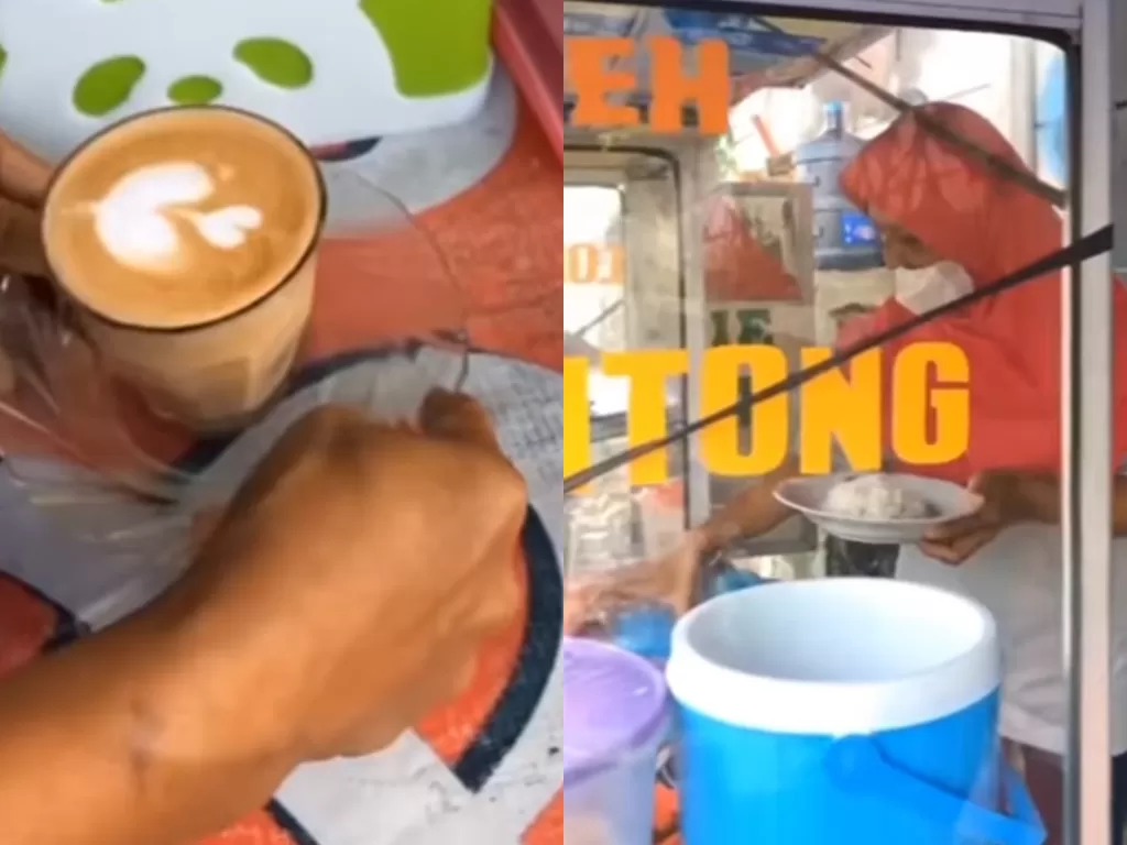 Penjual lontong sajikan sepiring nasi dengan kopi estetis ala barista di kafe-kafe. (Istimewa)