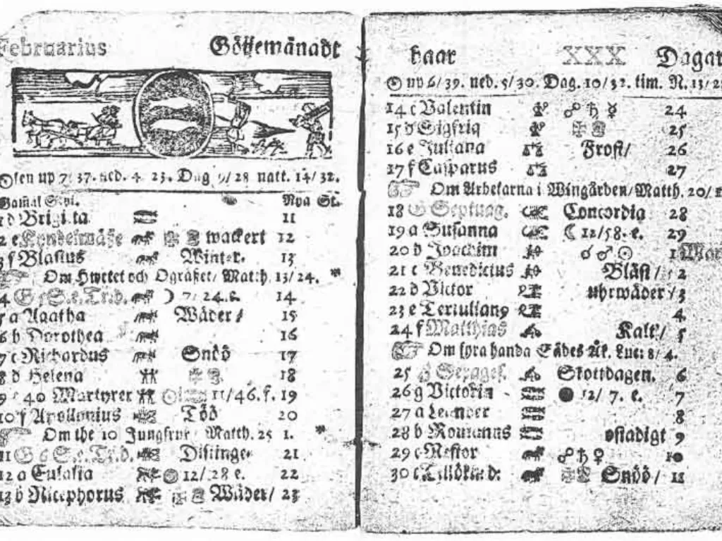 Kalender bulan Februari pada 1712 yang sampai 30 Februari di Swedia. (Wikipedia).