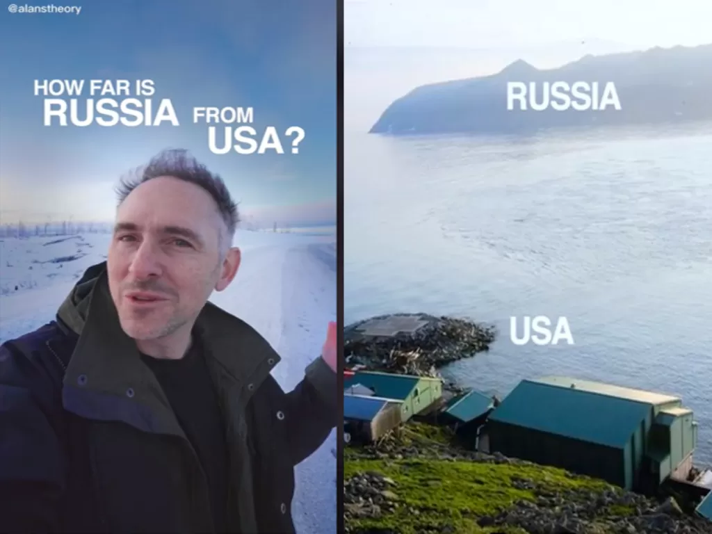 Conten creator pemperlihatkan jarak perbatasan Rusia dan Amerika Serikat. (TikTok/@alanstheory)