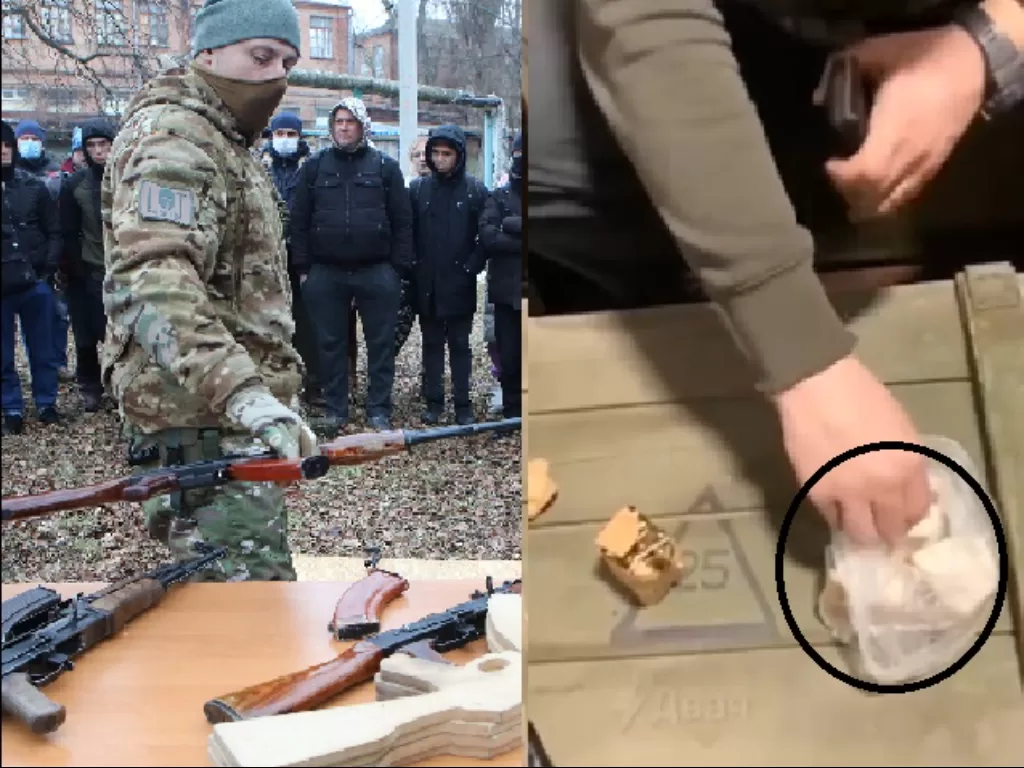 Pasukan militer Ukraina Batalion Azov. (REUTERS/Vyacheslav Madiyevskyy), video salah satu anggota militer Ukraina mengolesi peluru lemak babi. (Twitter).