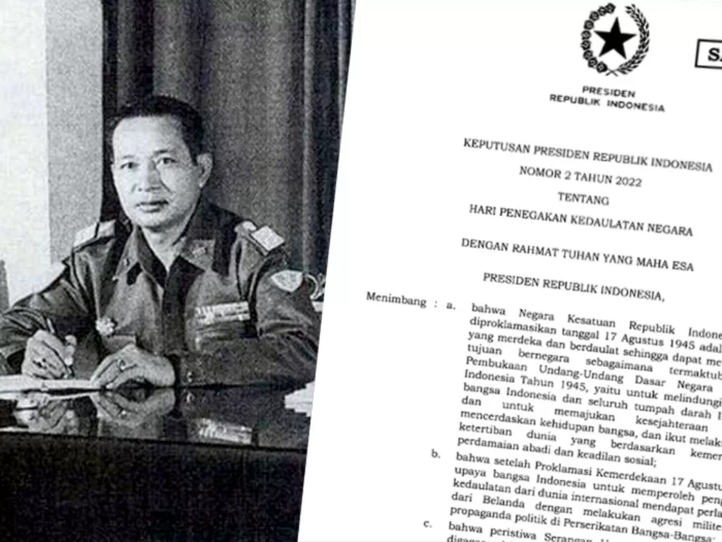 Kiri: Presiden RI ke-2 Soeharto. (Dok. Perpusnas) / Kanan:Salinan Keppres Nomor 2 Tahun 2022. (Istimewa)