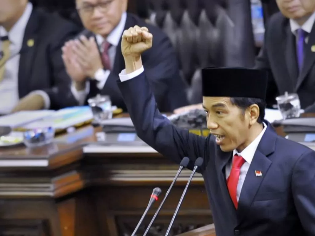 Presiden Joko Widodo saat menyampaikan pidato awalnya dalam rapat paripurna MPR. (ANTARA FOTO)