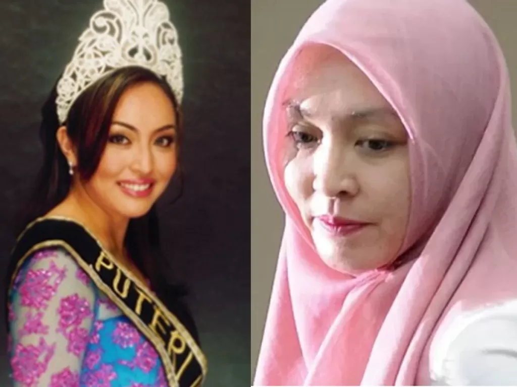 Kolase foto Angelina Sondakh saat ikut ajan Puteri Indonesia dengan saat berjilbab. (angelinasondakh.com dan Antara/Puspa Perwitasari)
