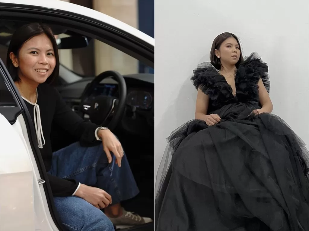 Greysia Polli berada dalam kabin sedan baru miliknya (kiri). (Instagram & BMW)