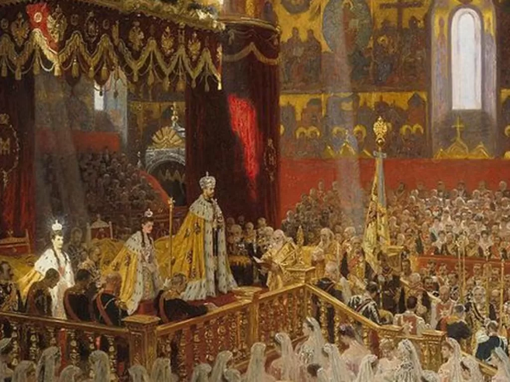 Ilustrasi Tsar Nicholas II saat dilantik menjadi pemimpin Dinasti Romanov. (Laurits Tuxen/Hermitage Museum)