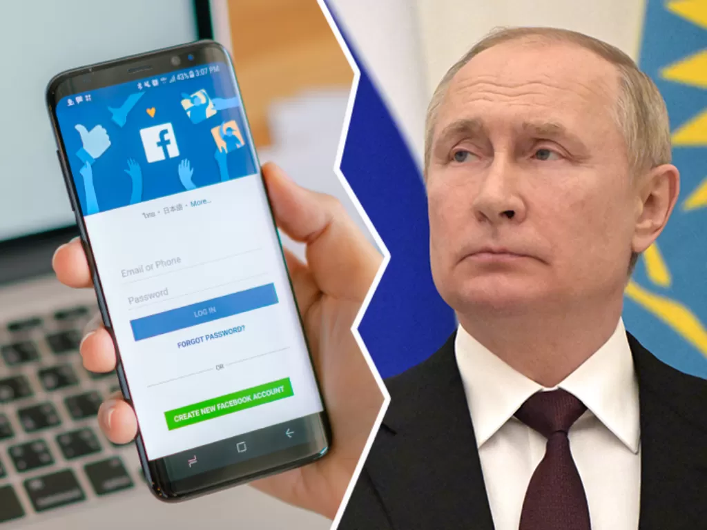 Kiri: Halaman login Facebook di ponsel. (Freepik) / Kanan: Presiden Rusia Vladimir Putin. (Kremlin via REUTERS)