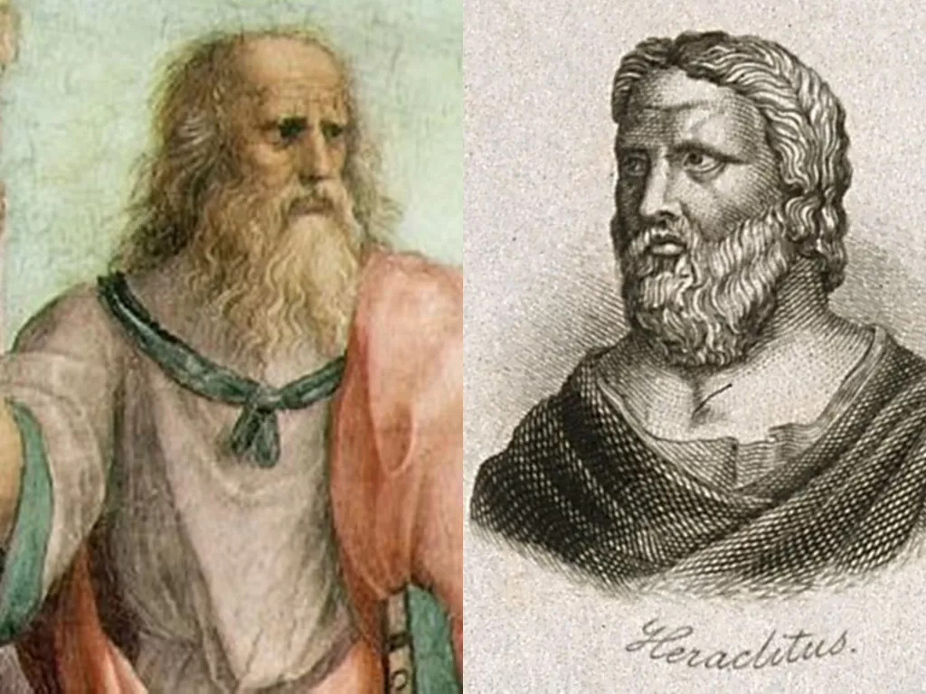 Kolase foto spekulatif Plato (filsuf era Sokratik) dan Herakleitos (dan filsuf pra-sokratik atau filsuf alam). (Wikipedia)