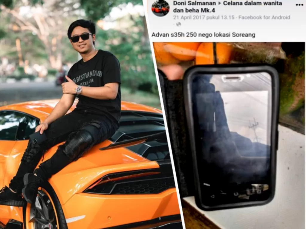 Kiri: Doni Salmanan berpose di atas mobil mewahnya. (Instagram/donisalmanan) / Kanan: Postingan Doni Salmanan yang jual hp merek Advan di facebook. (Istimewa)