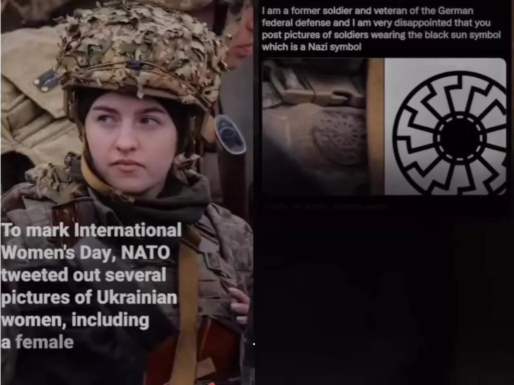 Postingan NATO dalam Twitternya tentang prajurit wanita Ukraina yang menggunakan simbol Neo Nazi. (Tiktok/@big.dom1407).
