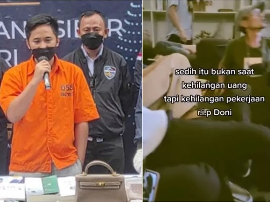 Kiri: Konferensi pers kasus Doni Salmanan di Bareskrim Polri, Jakarta. (INDOZONE/Samsudhuha Wildansyah). / Kanan: Video nasib karyawan Doni Salmanan (Instagram/@rumpi_gosip)