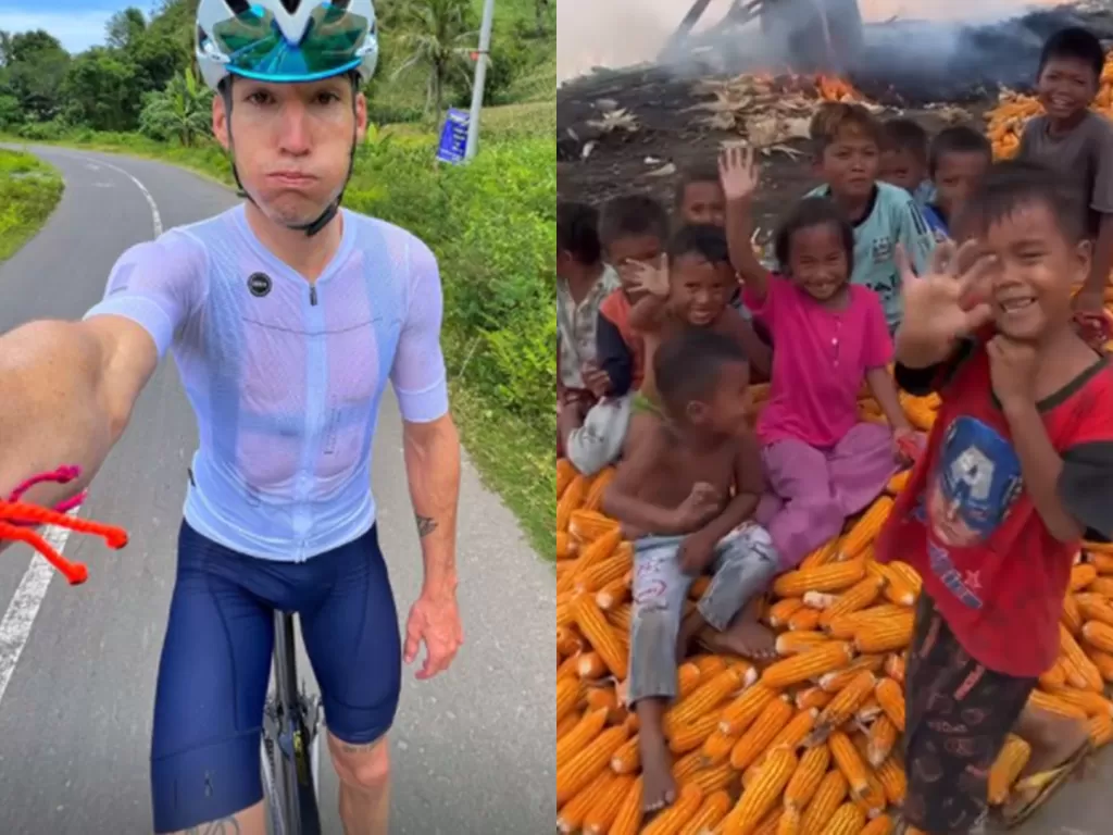 Aleix Espargaro bersepeda dan menyapa anak-anak di Lombok Tengah. (Instagram @aleixespargaro)