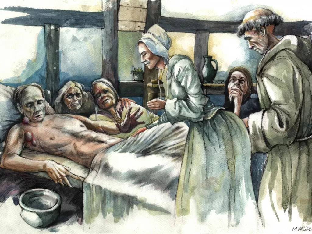 Ilustrasi perawatan korban Black Death di abad pertengahan (Mark Gridley)