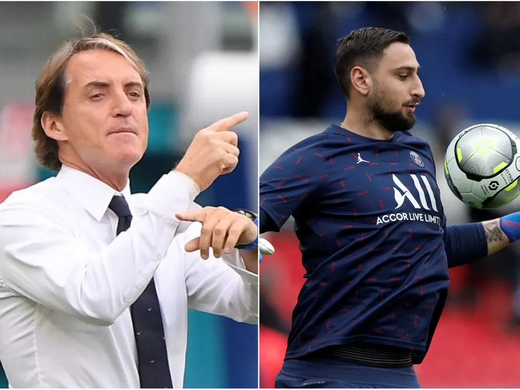 Kiri: Pelatim timnas Italia, Roberto Mancini. Kanan: Kiper timnas Italia, Gianluigi Donnarumma. (Reuters/Benoit Tessier)