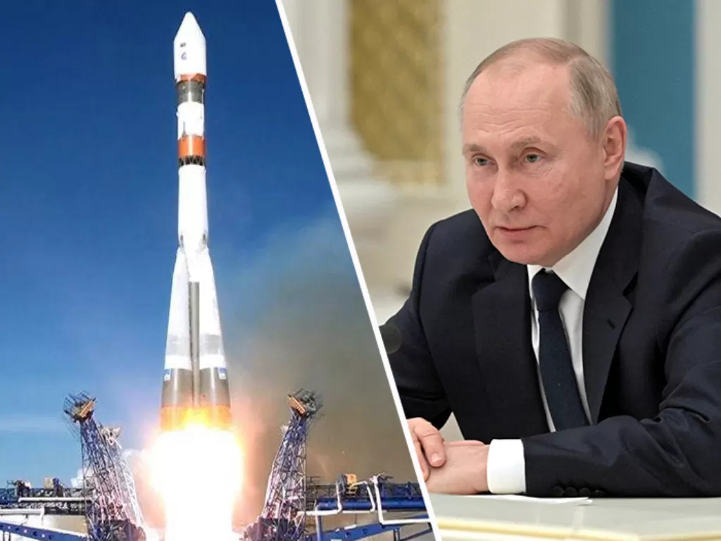 Kiri: Ilustrasi roket luar angkasa Soyuz-2.1a. (Istimewa) / Kanan: Presiden Rusia Vladimir Putin. (Kremlin via REUTERS)