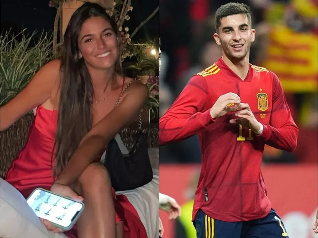 Kekasih Ferran Torres, Sira Martinez mendapatkan lambang hati dari kedua tangan Torres sesaat setelah ia menciptakan gol pertama bagi timnas Spanyol melawan Albania (instagram)