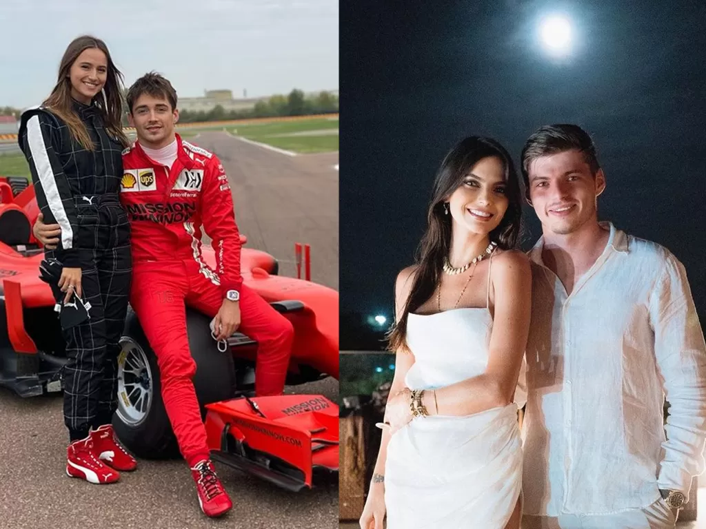 Charles Leclerc dan pacarnya, Charlotte Sine (kiri), Max Verstappen dan kekasihnya, Kelly Piquet (kanan). (Instagram/@charlottesiine/@kellypiquet)
