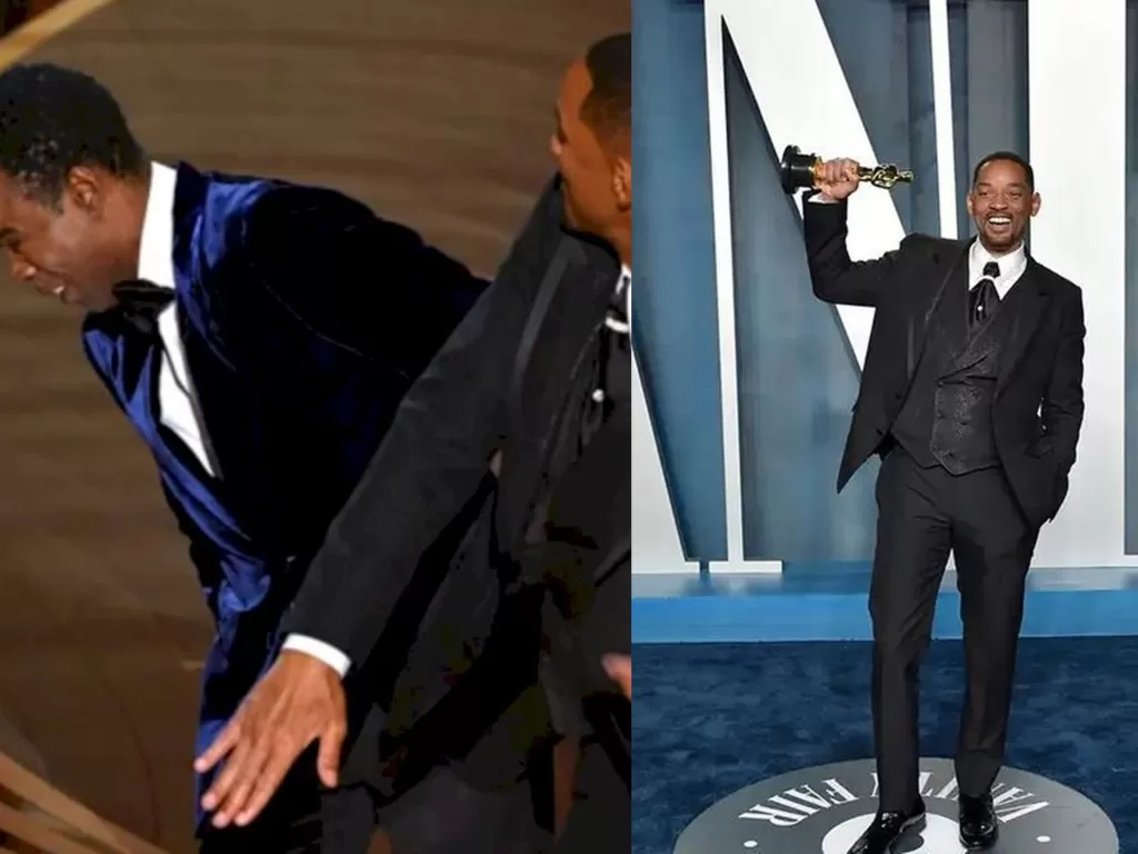 Will Smith saat menampar Chris Rock di acara Oscar 2022 (REUTERS/Brian Snyder/Instagram/theavc)