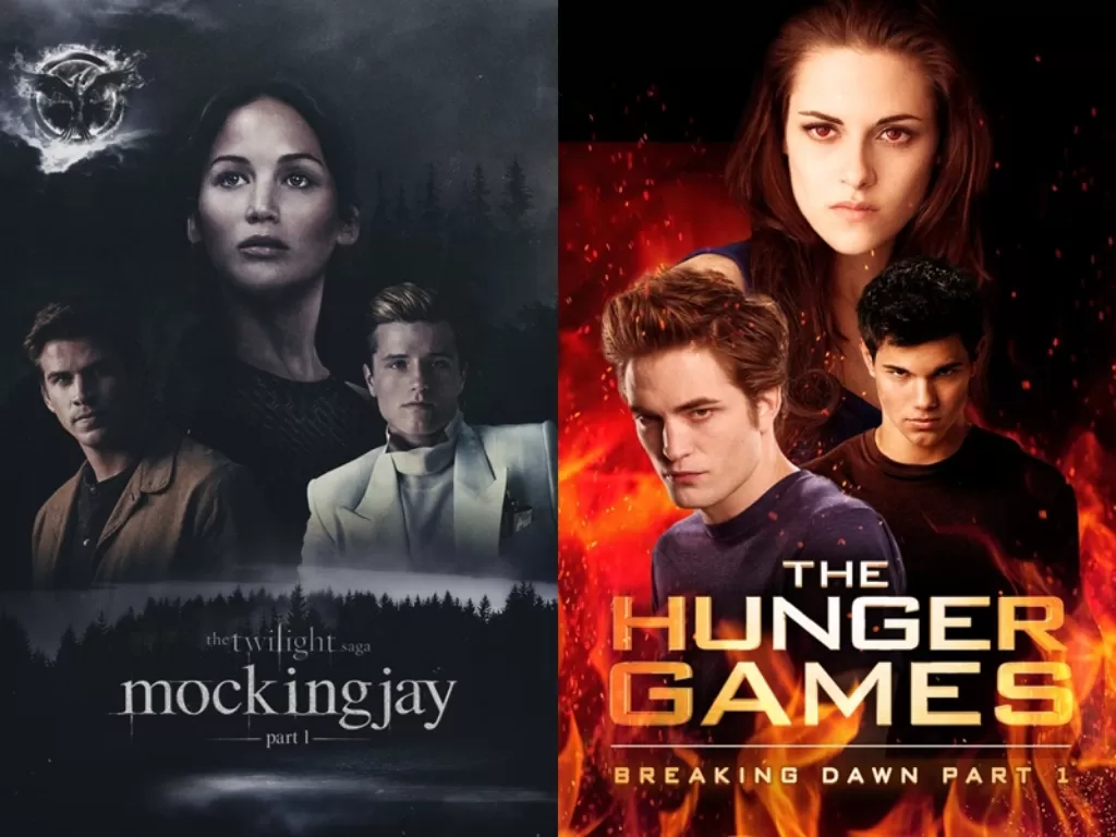 Kiri: Poster The Twilight Saga: Mockingjay part 1. (Twitter/@TwilightSaga) Kanan: The Hunger Games: Breaking Dawn Part 1 (Twitter/@TheHungerGames)