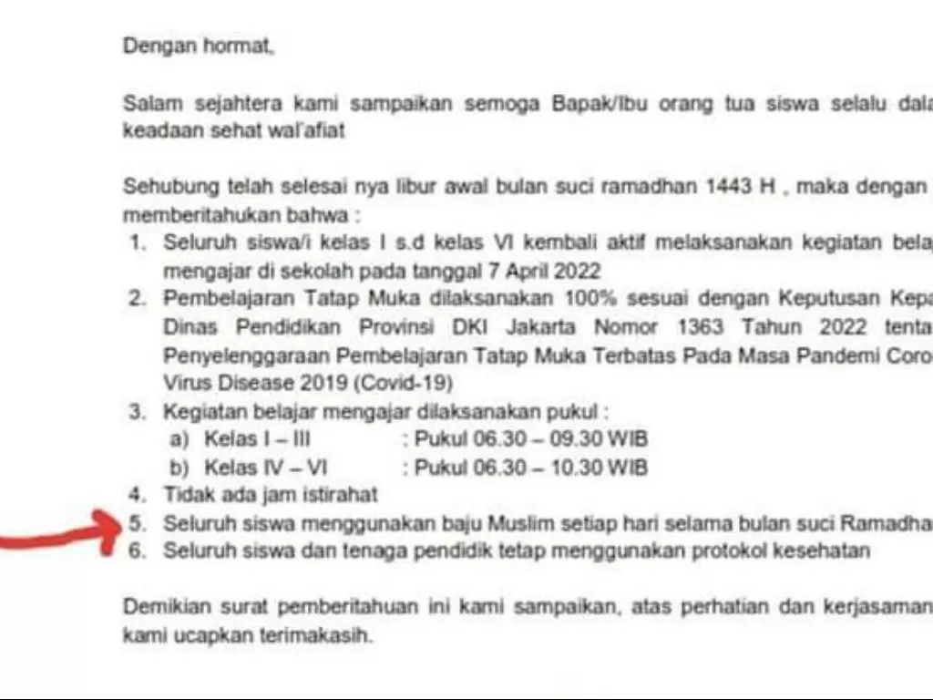 Surat edaran siswa wajib baju muslim di SD DKI. (Twitter @Imadya))