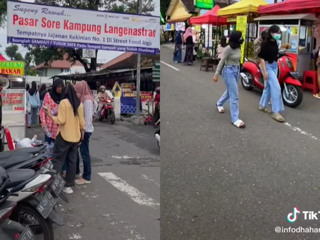 Suasana di Pasar Sore Langenastran di sisi timur Alun-Alun Kidul Yogyakarta. (Tiktok/@jogjabikinlaperofficial dan @jogjakakilimaofficial)