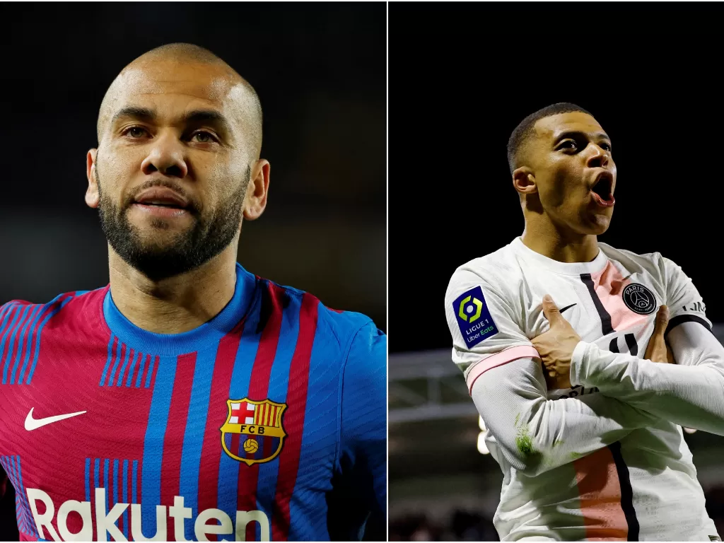 Kiri: Bek veteran Barcelona, Dani Alves. Kanan: Bintang PSG, Kylian Mbappe. (REUTERS/Stephane Mahe/Albert Gea)