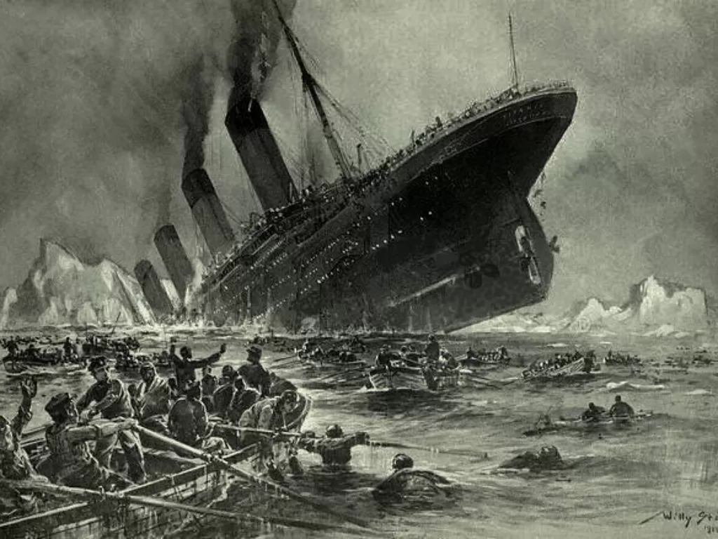 Ilustrasi tenggelamnya RMS Titanic. (Wikipedia).