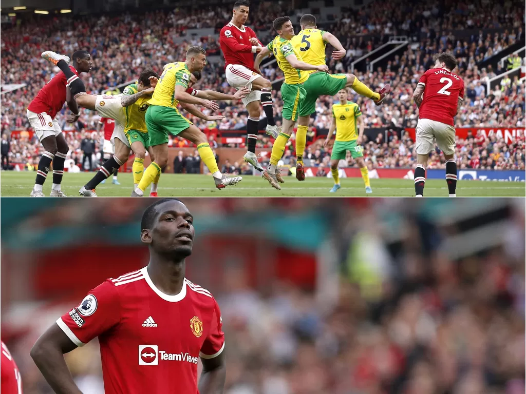 Paul Pogba saat MU berhadapan dengan Norwich City, Sabtu 16/4/22. (Reuters)