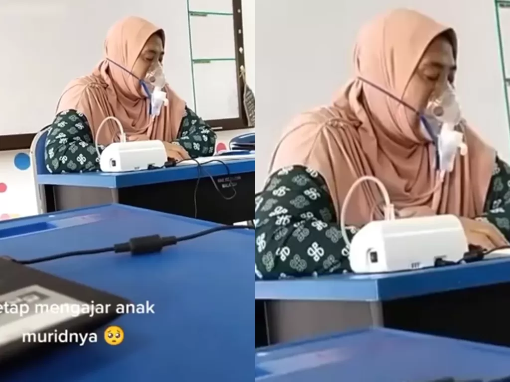 Guru tetap mengajar di kelas dengan memakai nebulizer. (Instagram/@pijahmohamad3)