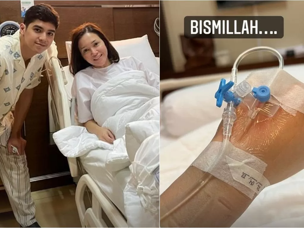 Kiri: Maia dan Al di rumah sakit (Instagram/@alghazali7) / Kanan: Tangan Maia Estianty dipasang infus (Instagram/@maiaestiantyreal)