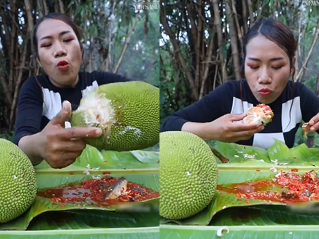 Wanita memakan nangka muda pakai sambal. (Facebook/One News Asia)