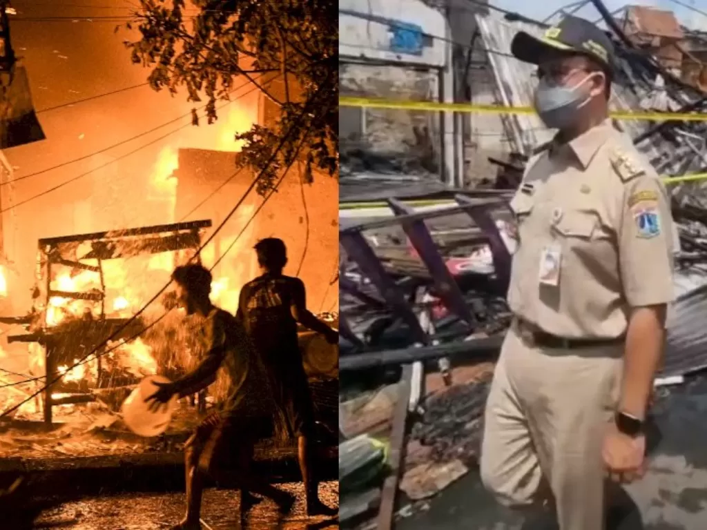 Kiri: Sejumlah warga memadamkan api di pasar Gembrong. (ANTARA/Fakhri Hermansyah), Kanan: Gubernur ANies Baswedan di Pasar Gembrong (Instagram/@aniesbaswedan)