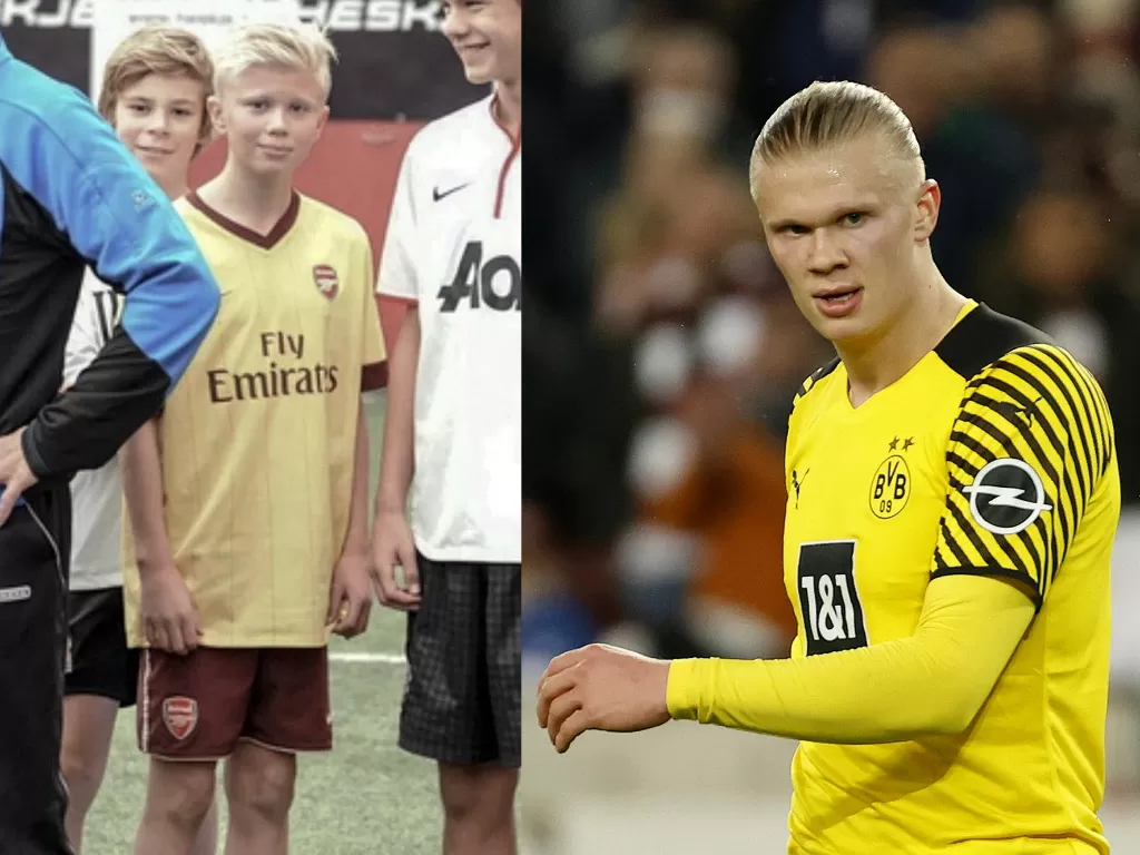 Foto masa kecil Erling Haaland pakai jersey Arsenal (kiri), Erling Haaland pakai jersey Borussia Dortmund (kanan). (Twitter/ChrisWheatley_/REUTERS/Heiko Becker)