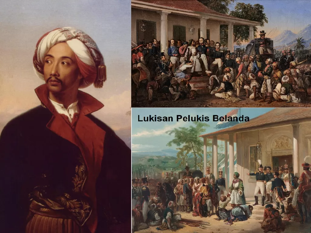 Raden Saleh (kiri) dan lukisannya tentang Diponegoro (kanan atas), bentuk protes atas lukisan Belanda (kanan bawah). (Wikipedia).